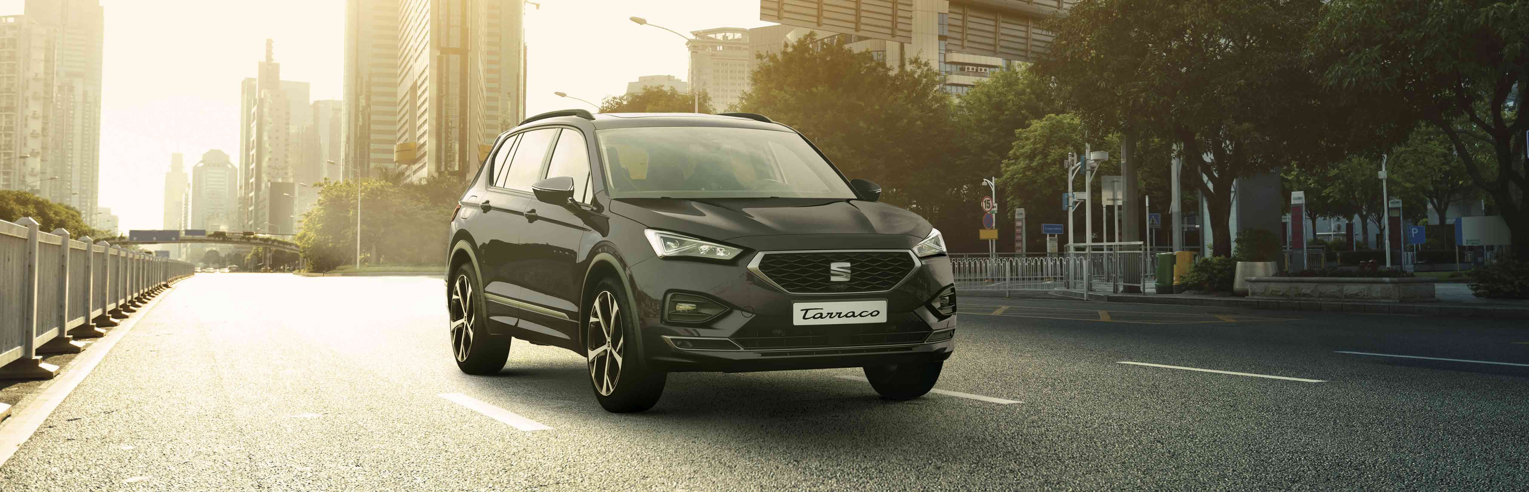 Black SEAT Tarraco 2024 SUV parked and charging on a dirt road with a desert landscape in the background